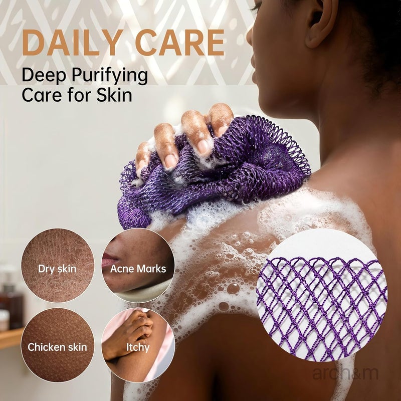 ARCH&M Authentic African Net Sponge Knots - Real African Bath Loofah Shower Sponges Afro Scrubber Body Exfoliating Washcloth Africa Bath Sponges for Back Scrub Shower Accessories Black + Champagne by - Image 3